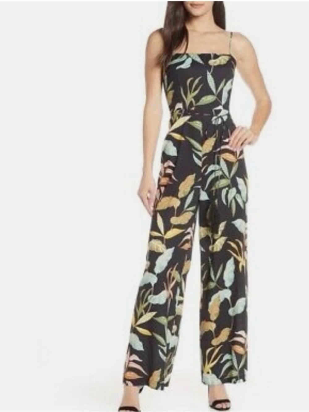 Chelsea28 Black Botanical Wide-Leg Jumpsuit with Spaghetti Straps